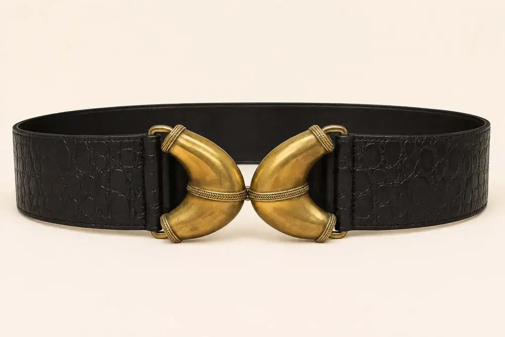 Vintage 80s Black Croc Wide Waist Belt Gold Sculptural Buckle Statement